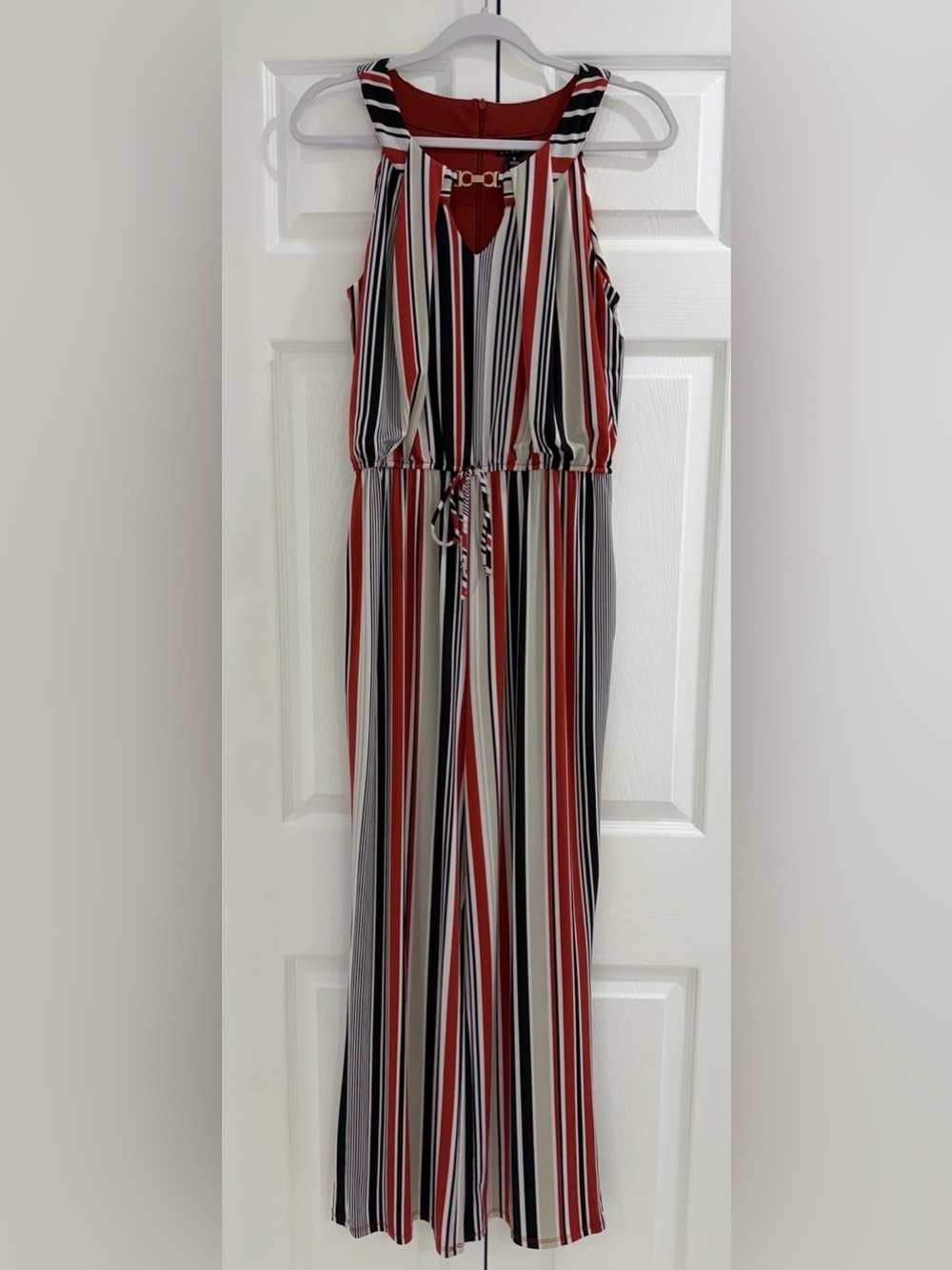 EN FOCUS Studio Red, Black & White Striped Sleeveless Jumpsuit